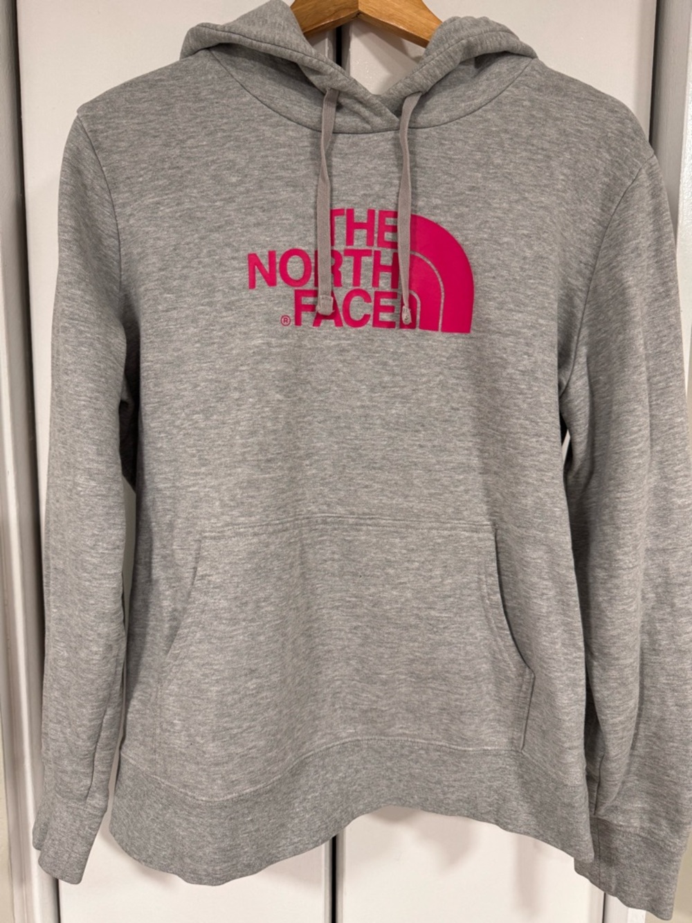 The North Face Light Gray Hoodie with Hot Pink Logo